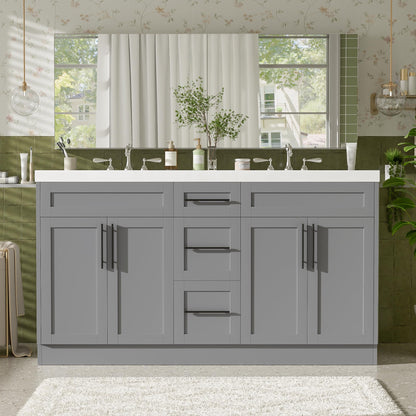 Merax Modern 59.3'' Large Bathroom Vanity with Double Sink Combo, Wood Bathroom Storage Cabinet with Soft Close Door & 3 Drawers, Vanities Set, Space Saving, Gray
