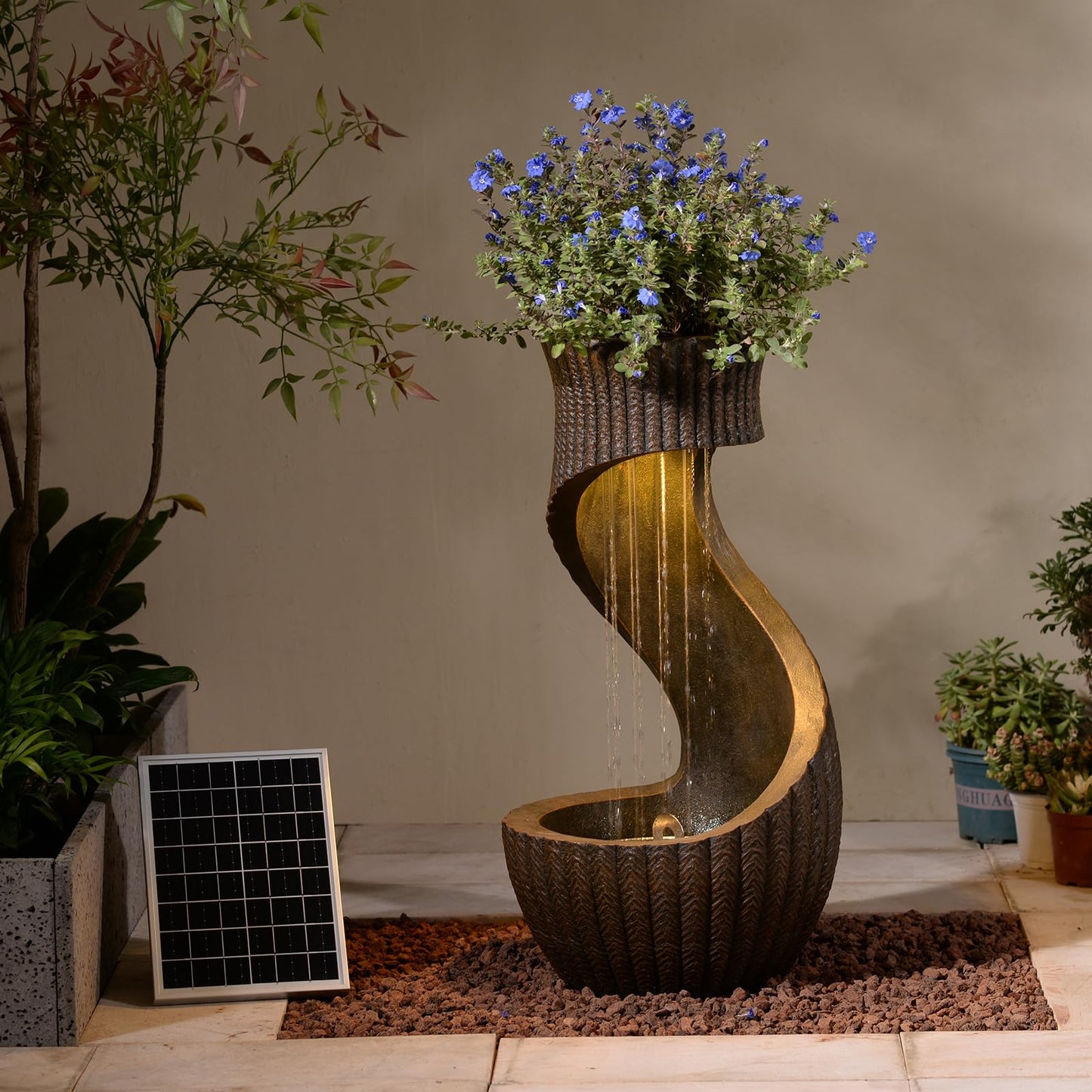26.77" Tall Solar Water Fountain Outdoor Waterfall Feature, Modern Solar Powered Water Fountain with LED Lights & Planter Bowl for Garden, Patio, Yard, Porch, Deck, Backyard Decor