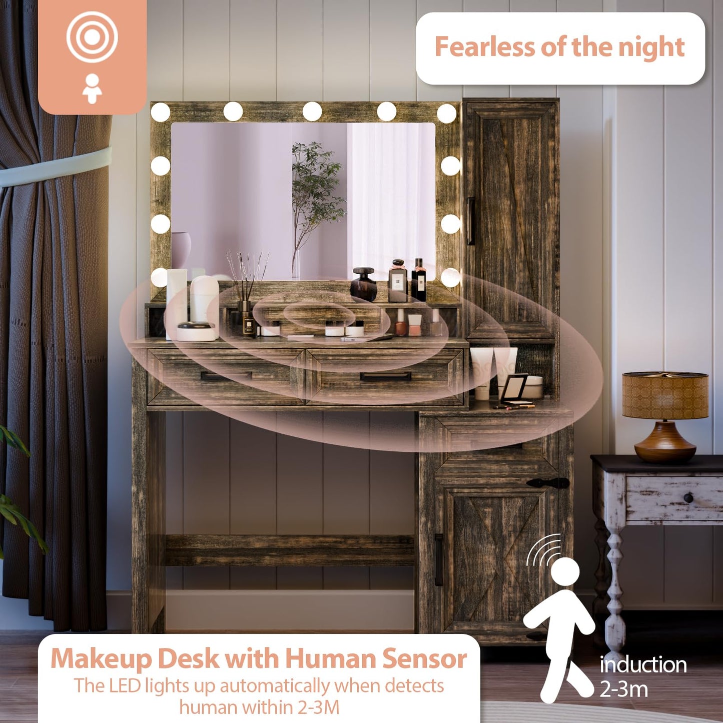 Trygoal Farmhouse Makeup Vanity with Motion Sensor Lights, Rustic Brown Vanity Desk with Mirror, Built-in Charging Station, Wood Dressing Table with 2 Drawers & Acrylic Organizers, 43.3" W