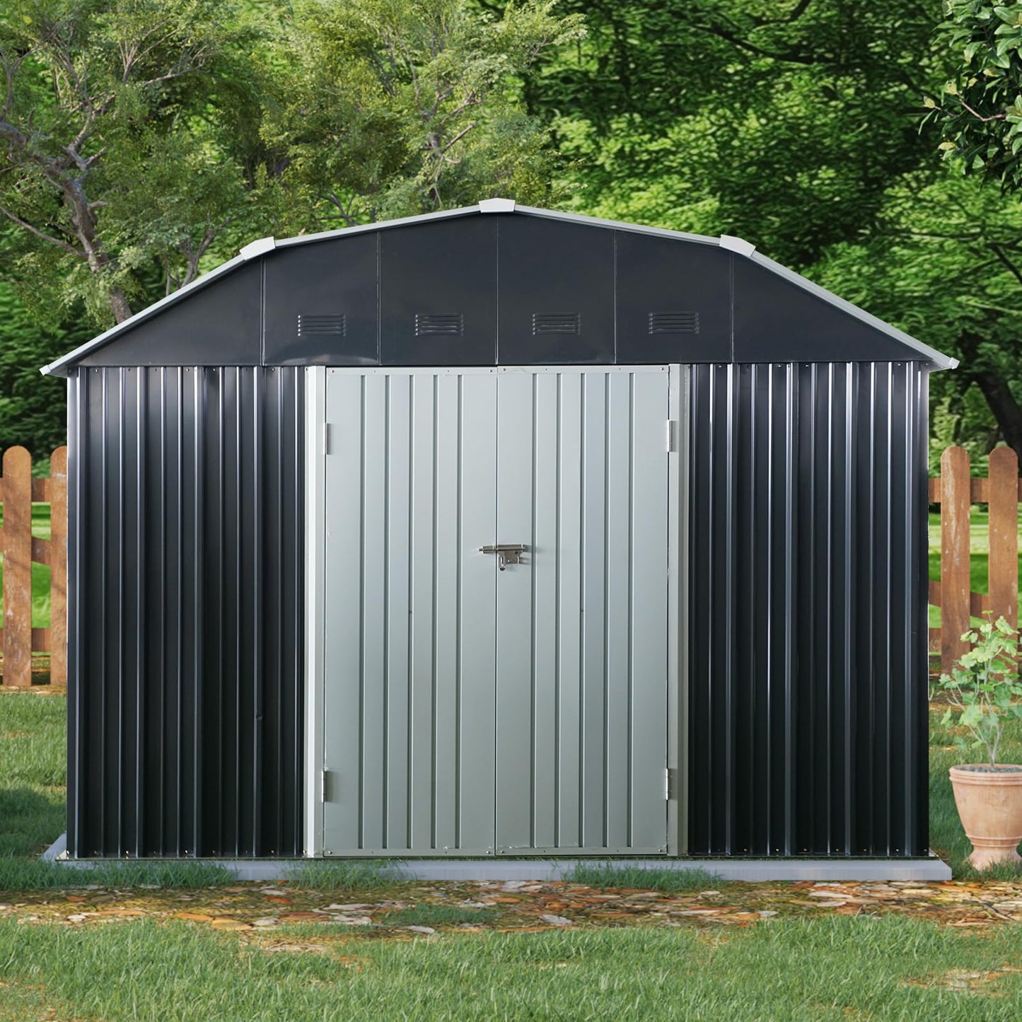 10x12 FT Outdoor Metal Storage Shed with Sloped Roof, Lockable Double Doors, 8 Air Vents, Galvanized Steel Garden Shed, Weather-Resistant Tool Storage House with Easy Assembly for Backyard Patio Lawn