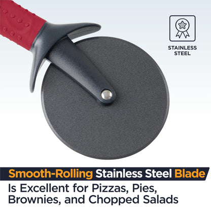 Deiss Lux Heavy Duty Pizza Cutter With Wheel Slicer- Stainless Steel Sharp Smooth Pizza Cutter Wheel With Easy Grip Non-Slip Handle, Dishwasher Safe (RED)