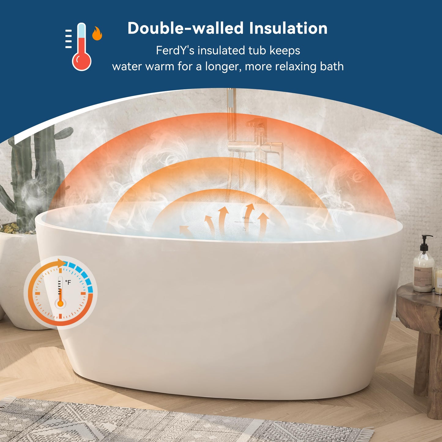 FerdY Tahiti 55" Acrylic Freestanding Bathtub, Elegant Oval Shape Soaking Bathtub, Glossy White, Brushed Nickel Drain & Integrated Slotted Overflow Assembly Included cUPC Certified