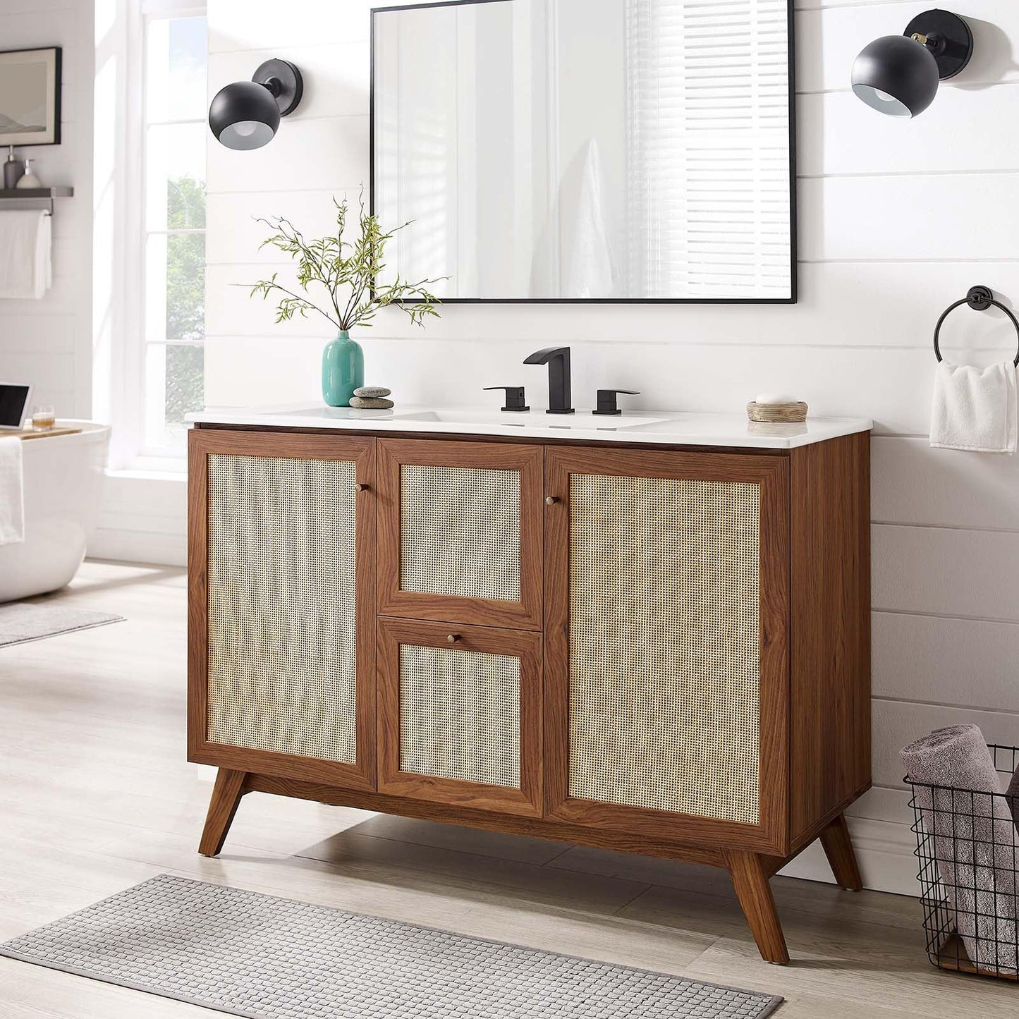Modway Soma Rattan Weave Bathroom Vanity Cabinet Basin Not Included, 48” Single or Double Sink Compatible, Walnut