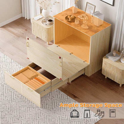VINGLI Twin Murphy Bed with Storage Drawer,Fluted Wooden Foldable Bed Cabinet with Charging Station,Boho,Hideaway Paltform Panel Bed for Small Spaces,Guest Room,Office,Apartment,Beige