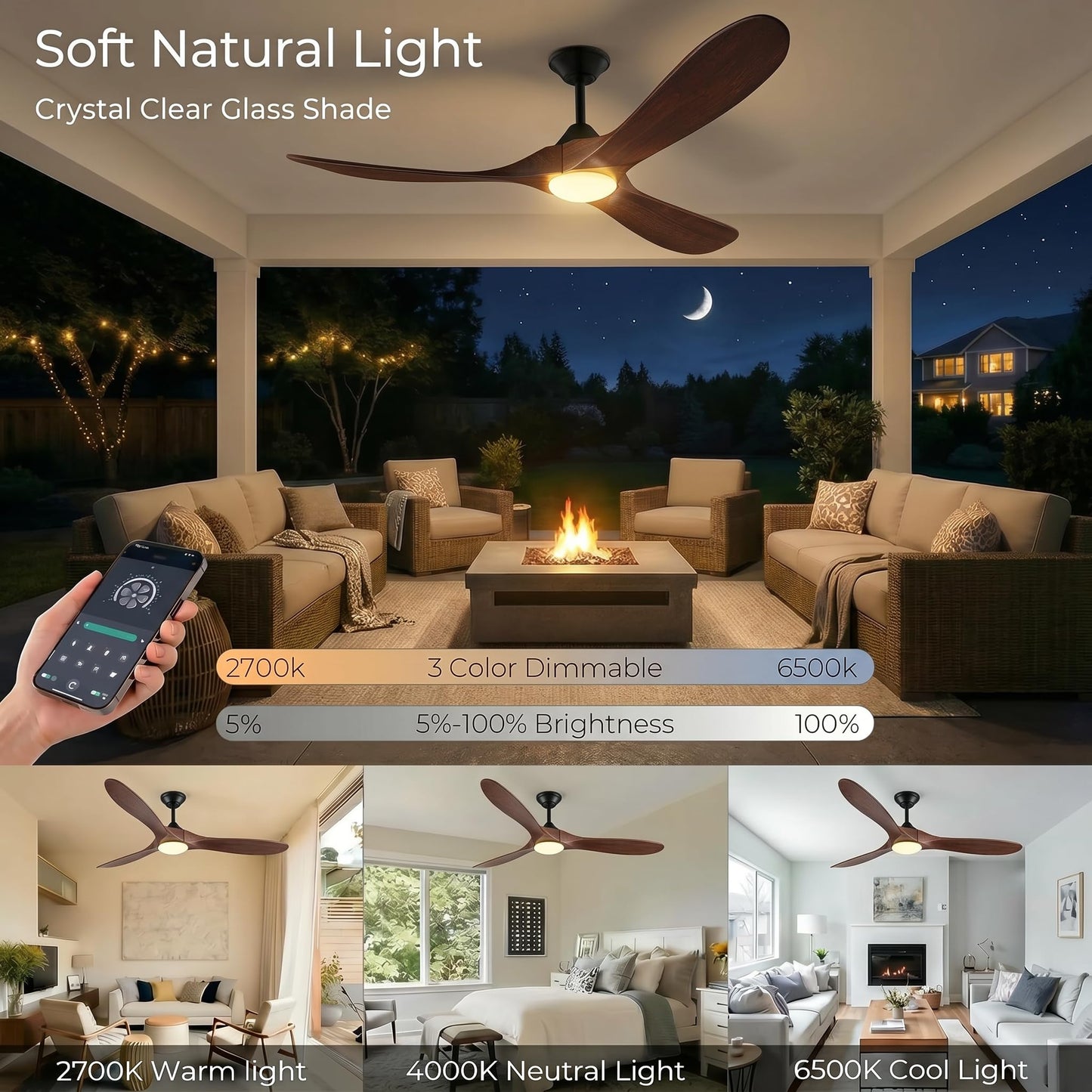 Wall Switch-60 inch Outdoor Ceiling Fan with Light Remote for Patios, Wet Rated Wood 3-Blade Propeller Ceiling Fans, Smart APP, High CFM 6-Speed DC Motor for Exterior Indoor, 3 LED Glass Lamp, Walnut