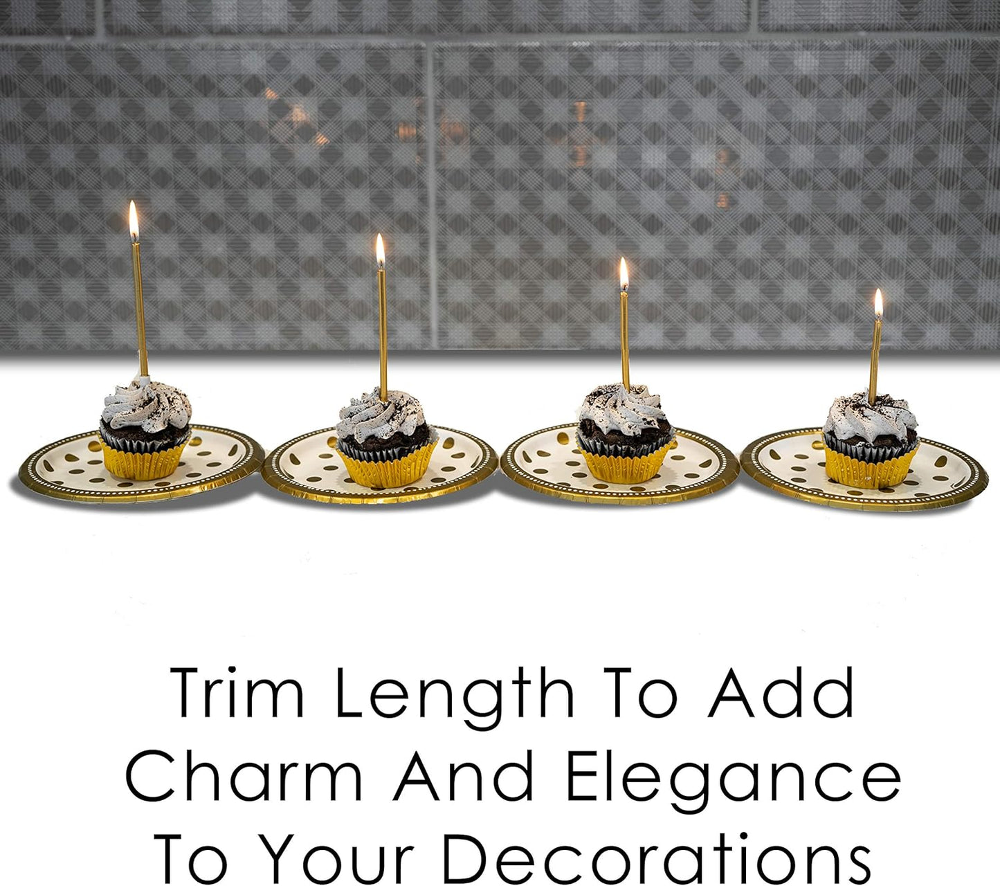 24 Count Tall Thin Metallic Gold Birthday Candles with Holders and Classy Cake Topper for Custom Cake