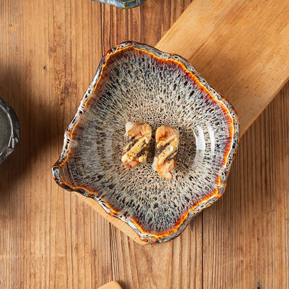Amitofo 8" Small Ceramic Decorative Bowl 1 Pice – Irregular Rim Reactive Glaze Candy Plate, Berry Bowl, Entryway Catchall, Japanese Style Fruit Dish for Tabletop or Home Decor (Reactive Glaze)
