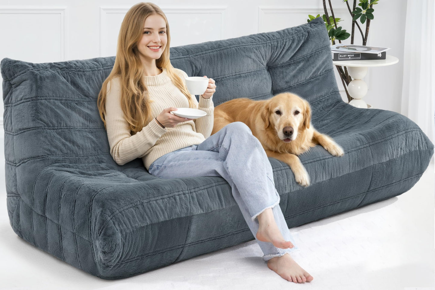 Cansunna Bean Bag 3-Seater Chair Big Sofa Beanbag Chair for Adults Fireside Chair Bean Bag Lounger with Memory Foam Filled for Home,Apartment or Gaming Venue（Grey Plush）