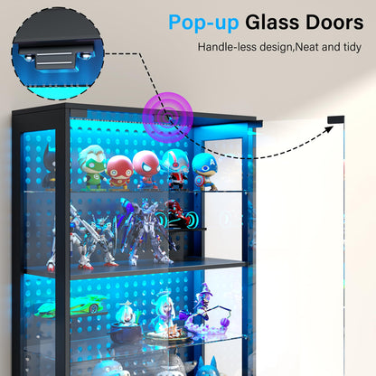 kepptory 5-Tier Glass Display Cabinet with Drawer and Glass Doors, Curio Cabinet with Pegboard and Adjustable Shelves, LED Display Case for Collectibles Gaming Liquor(31.5" W)