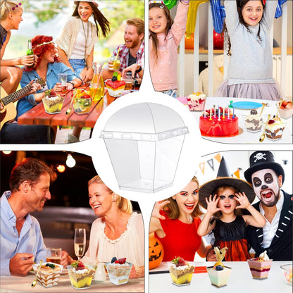 150 Pack 8oz 50, Square Plastic Dessert Cups with Dome Lids and Mini Gold Spoons, Clear Yogurt Parfait Cups Serves