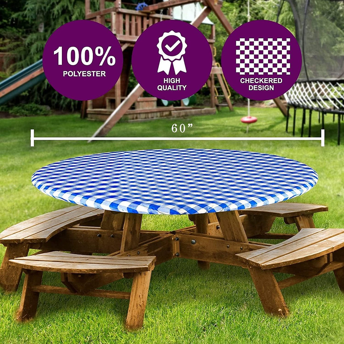 Sorfey Round Tablecloth, Fitted with Elastic, Vinyl with Flannel Back, Fits 60 Inches Round Table, Checked Blue Design