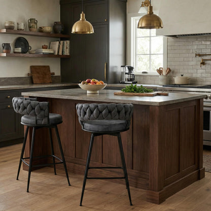 YOUNIKE Bar Stools Set of 2, 28.7 inch Seat Height Bar Chairs, 360° Swivel Counter Height Barstools with Woven Back and Armrest, Upholstered Suede Fabric Counter Stools for Kitchen Island, Pub, Grey