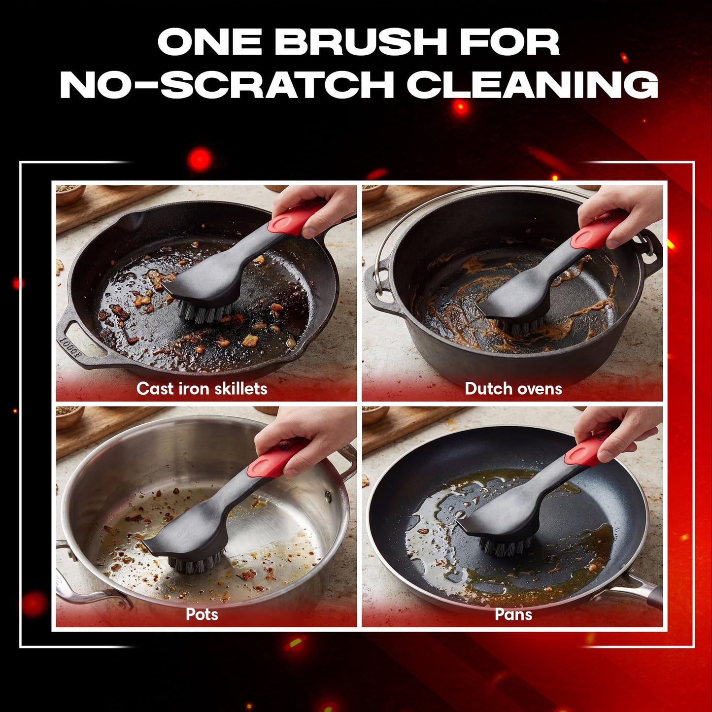 Cast Iron Scrub Brush with Heavy Duty Scraper - Nylon Bristles Dish Scrubber for Pans, Skillets and Woks – Kitchen Cleaner Removes Grime, Grease, Food Build Up - 90058 by Chef Master