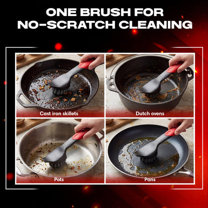 Cast Iron Scrub Brush with Heavy Duty Scraper - Nylon Bristles Dish Scrubber for Pans, Skillets and Woks – Kitchen Cleaner Removes Grime, Grease, Food Build Up - 90058 by Chef Master