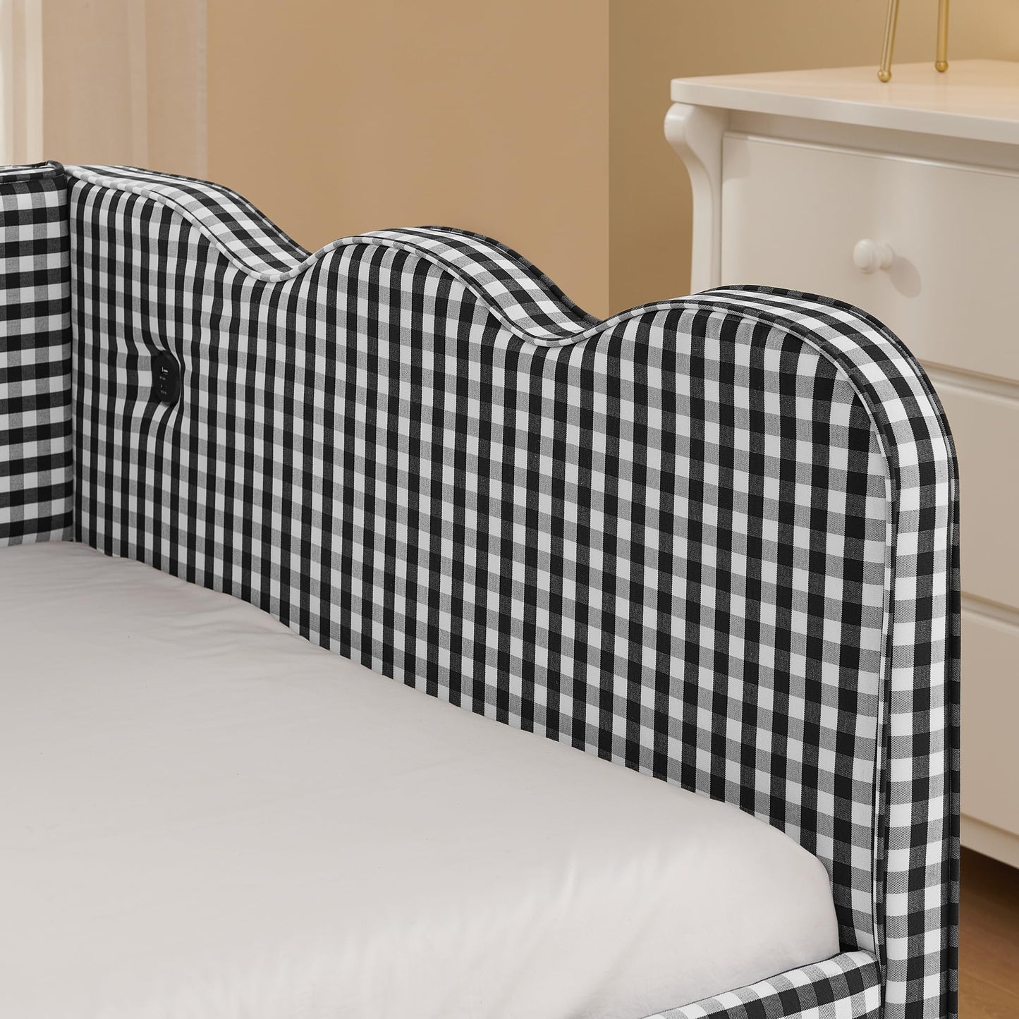 PVWIIK Twin Size Upholstered DayBed with Trundle and USB for Adult,Kids,Bedroom,BedFrame w/Linen Adorable Wave Shaped, Black