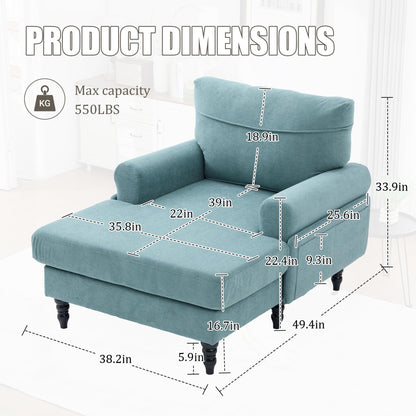 KEIKI Chaise Lounge Chair Indoor, Oversized Accent Chenille Armchair with Storage, Leisure Sleeper Single Sofa Side Chair, Corner Recliner Arm Chairs for Living Room Reading, Easy Assembly, Mint Green
