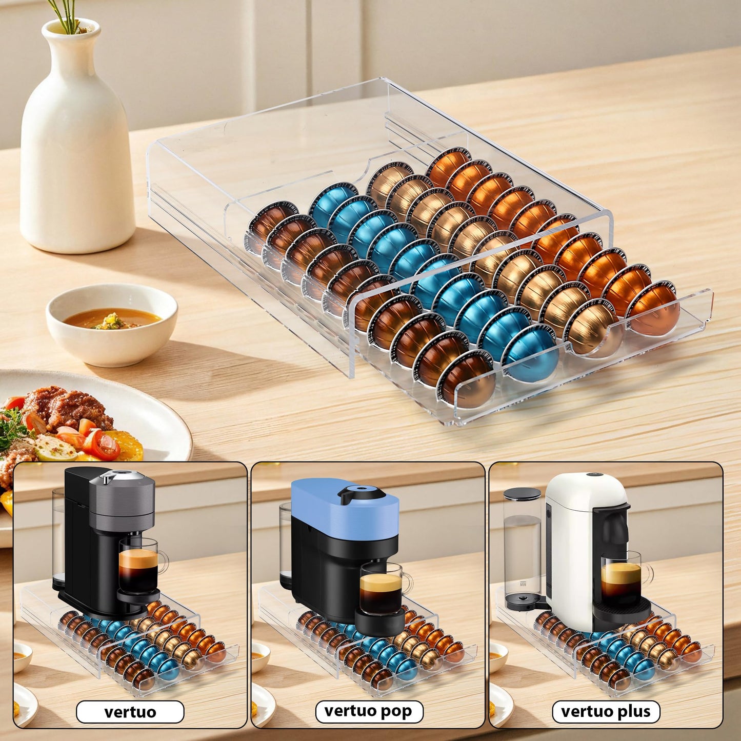 Clear Acrylic Coffee Pod Drawer for Nespresso Vertuo 40 Pod Double Sided Pull Out Organizer