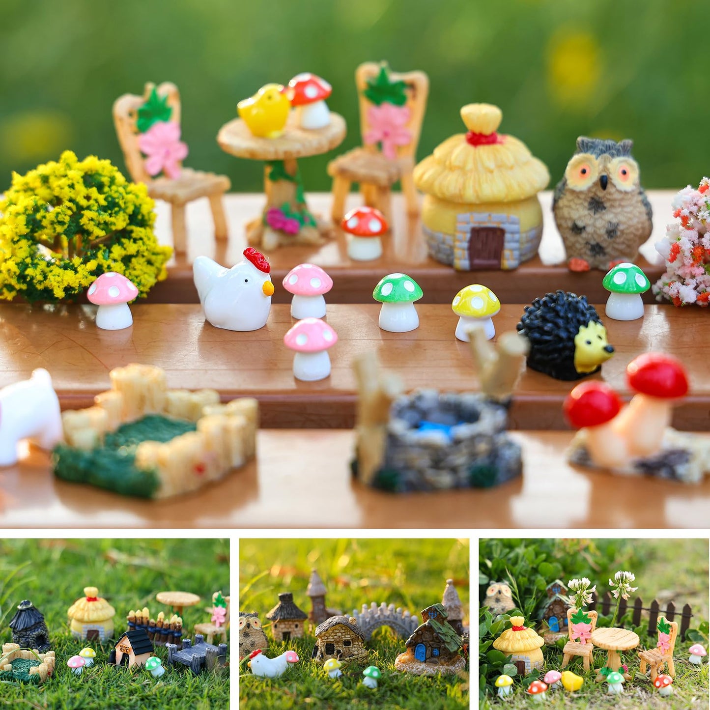 HIYZI 60 PCS Mini Fairy Garden Accessories Kit Enchanted Miniature House Decor Set with Tiny Figurines, DIY Micro Landscape Ornaments for Terrarium, Dollhouse Succulent Craft