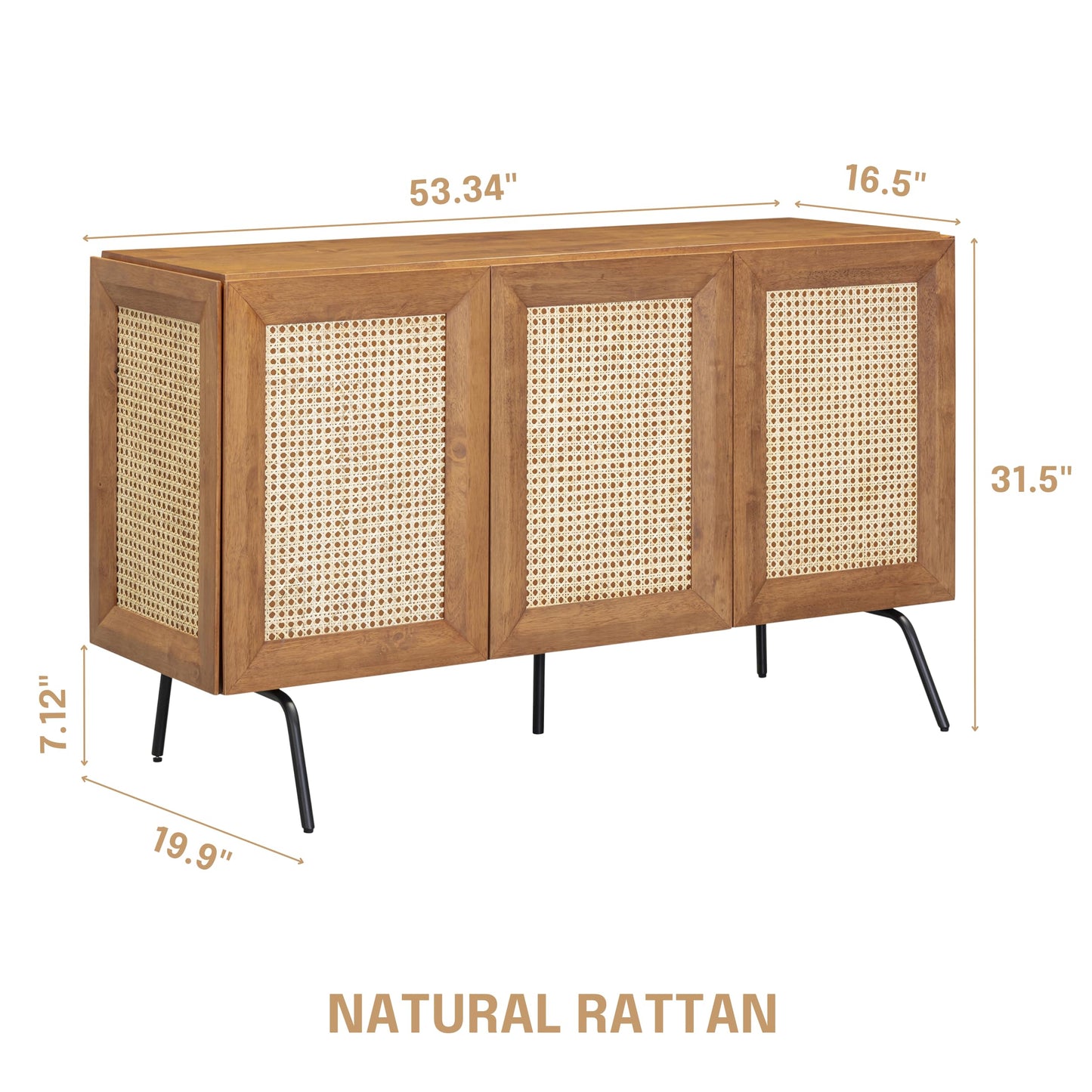 NTC MOSSIC Modern Sideboard with 3 Doors, Natural Rattan Storage Cabinet, Buffet with Metal Legs, Boho Accent Cabinet for Living Room, and Entryway, Effortless Assembly, Teak Look