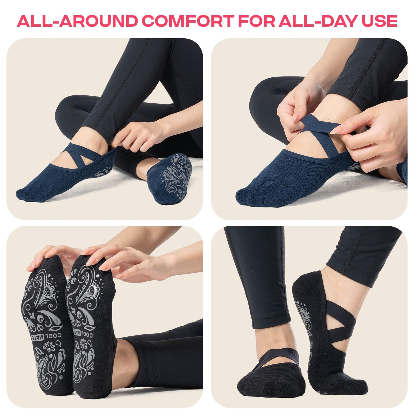 CoolMate Pilates Socks with Grips for Women, Yoga Socks, Crew Non Slip Women for Workout, Barre, Pilates Gifts