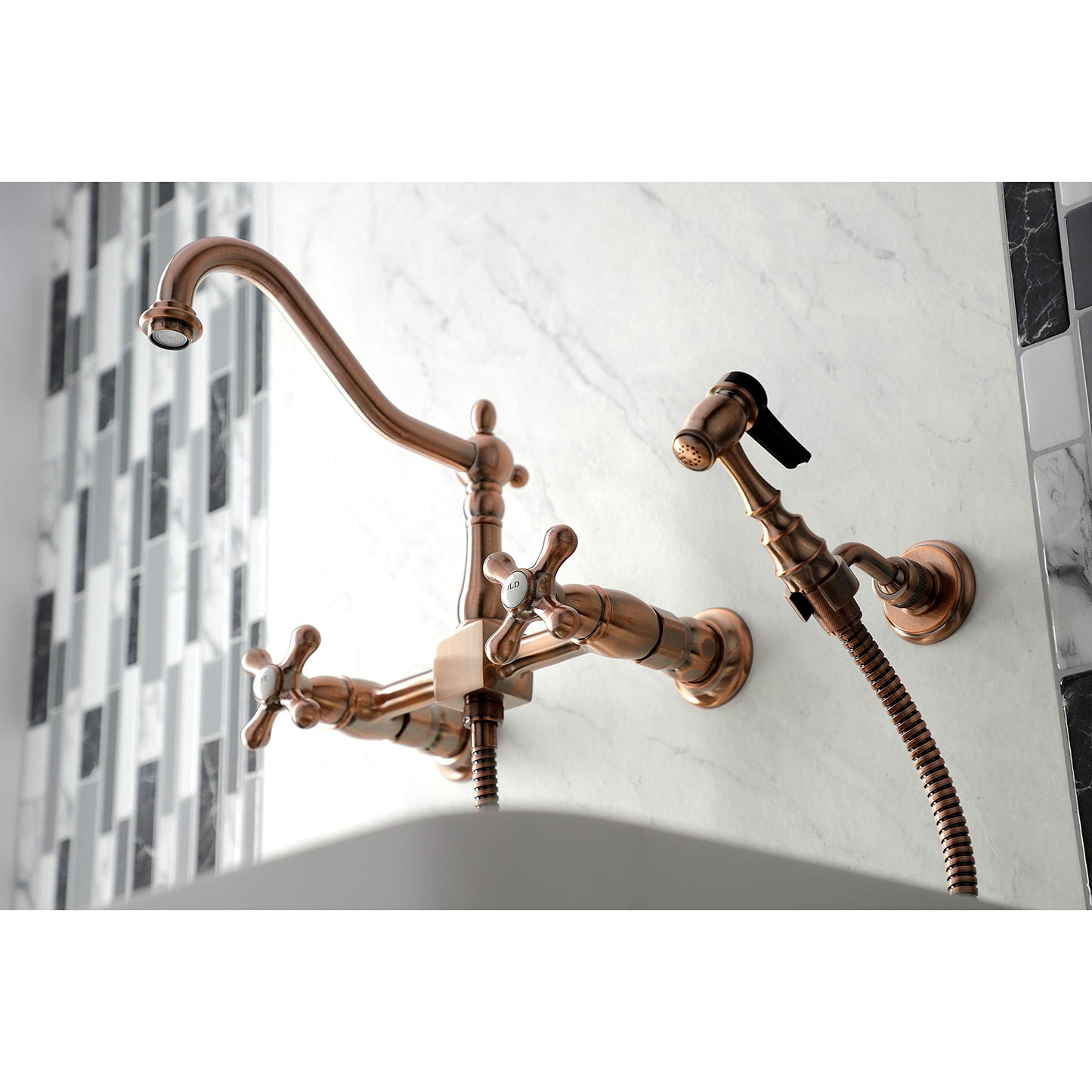 Kingston Brass KS124AXBSAC Heritage Wall Mount Bridge Kitchen Faucet with Brass Spray, Antique Copper
