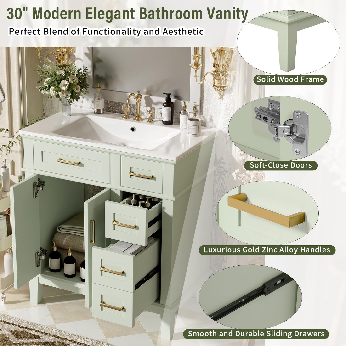 Favfurish 30" Bathroom Vanity with Ceramic Sink, Modern Storage Cabinet with Soft-Close Doors,Deep Drawer & Standard Drawer, Stylish Bath Vanity for Small Bathroom,Easy Assembly,Green