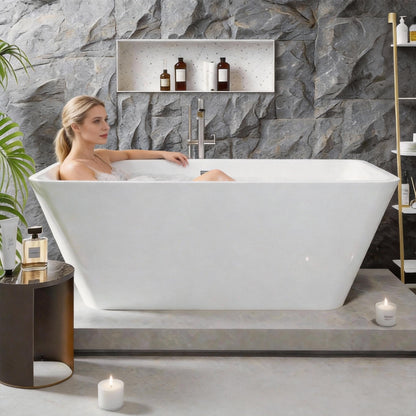 59" Acrylic Freestanding Soaking Bathtub, Matte Drain & Black Overflow, Modern Design Tub for Home Bathroom Renovations, Glossy White