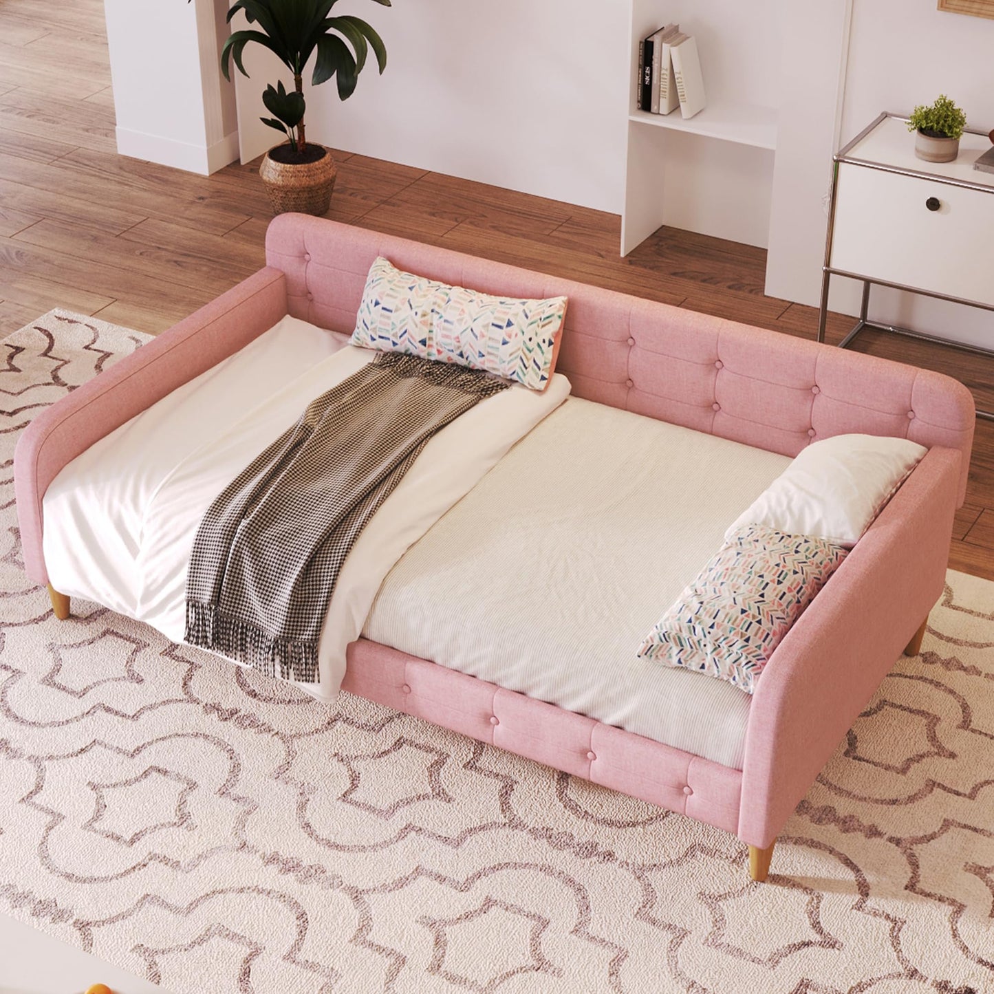 Ball & Cast Twin Size Daybed,Upholstered Day Bed Frame with 4 Wood Legs,Button Tufted Sofa Bed for Living Room,Apartment,No Box Spring Needed,Pink