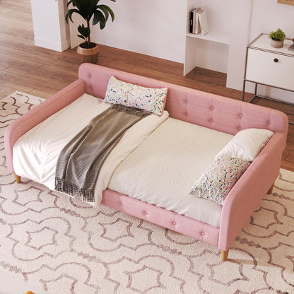 Ball & Cast Twin Size Daybed,Upholstered Day Bed Frame with 4 Wood Legs,Button Tufted Sofa Bed for Living Room,Apartment,No Box Spring Needed,Pink