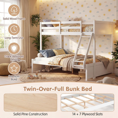 KOMFOTT Twin Over Full Bunk Bed, Pine Bed Frame with 3-Step Ladder, Full-Length Guardrails & 21 Wooden Support Slats, Solid Wood Bunk Bed for Teens, Kids, Adults, Dorms and Apartments (White)