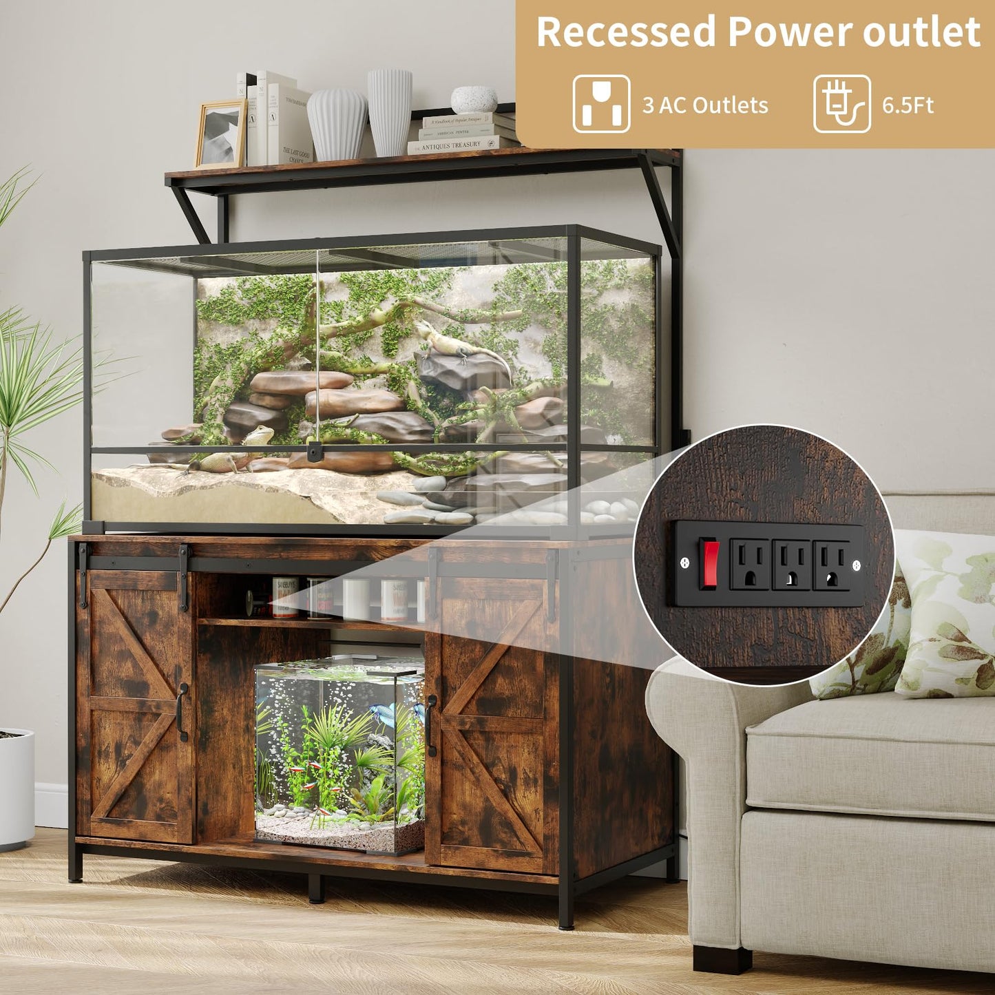 VOWNER Farmhouse Reptile Tank Stand with Power Outlet, 48" X 24" Tabletop Fits up 120 Gallon Bearded Dragon Tank, Heavy Duty Aquarium Stand with Storage Cabinet, Reptile Turtle Terrarium Stand Brown