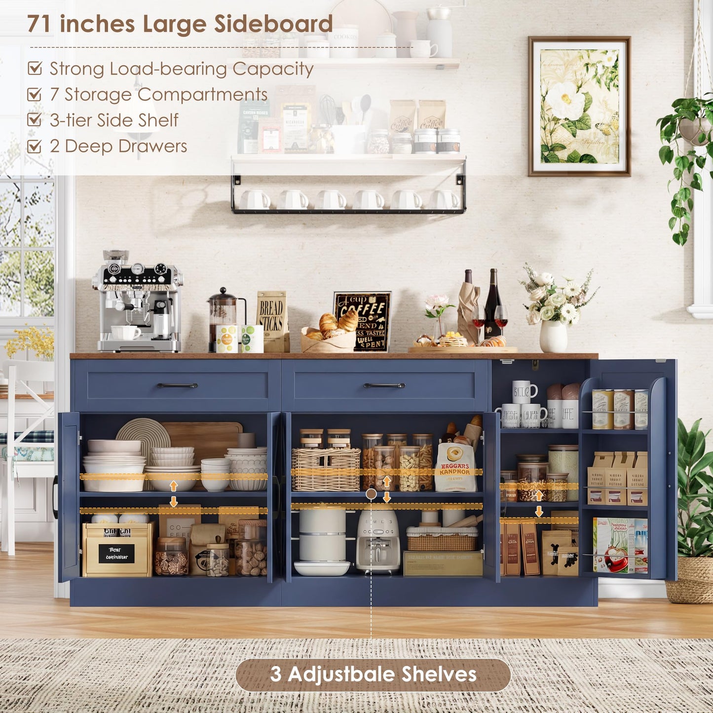 BOTLOG 71” Large Sideboard Buffet Cabinet with Storage, Farmhouse Buffet Cabinet with Adjustable Shelves and 3 Door Shelves, Wood Coffee Bar Console Table for Kitchen, Dining Room (Blue)