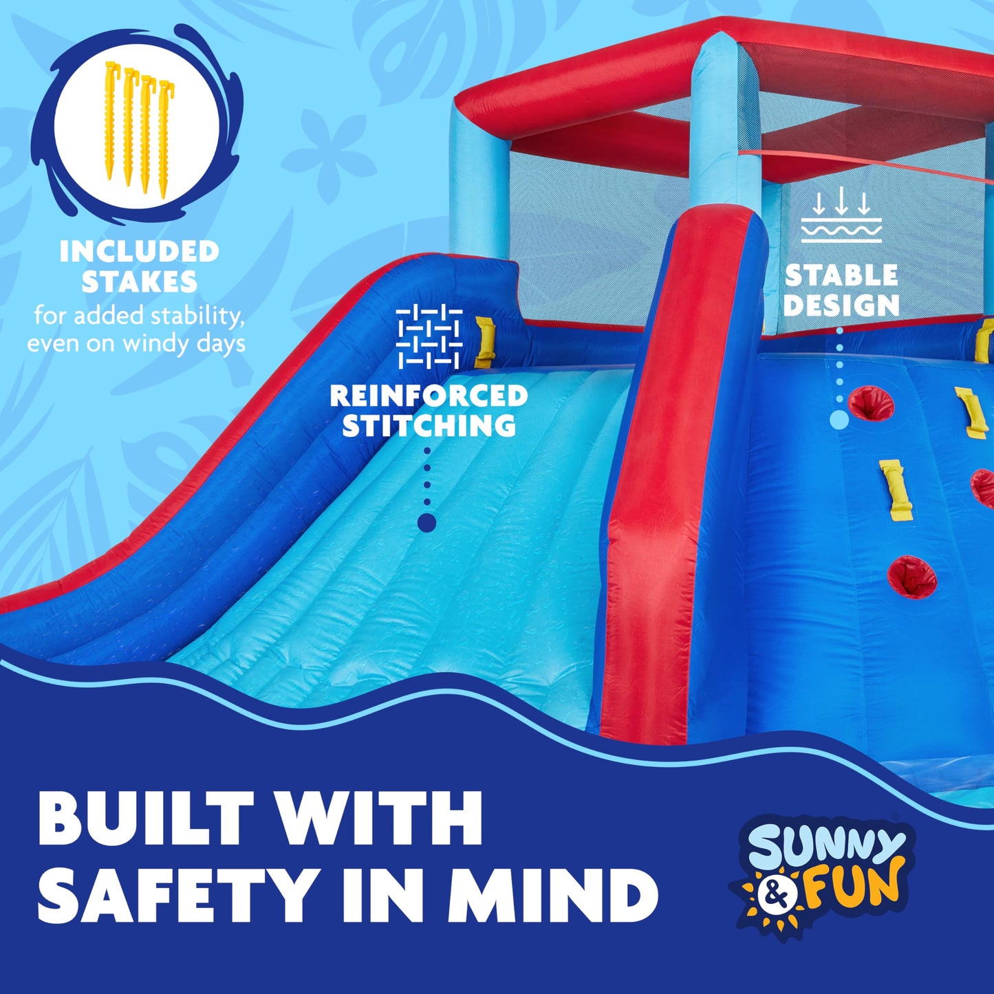 Sunny & Fun Four Corner Inflatable Water Slide Park – Heavy-Duty for Outdoor Fun - Climbing Wall, Slide & Deep Pool – Easy to Set Up & Inflate with Included Air Pump & Carrying Case