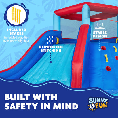 Sunny & Fun Four Corner Inflatable Water Slide Park – Heavy-Duty for Outdoor Fun - Climbing Wall, Slide & Deep Pool – Easy to Set Up & Inflate with Included Air Pump & Carrying Case