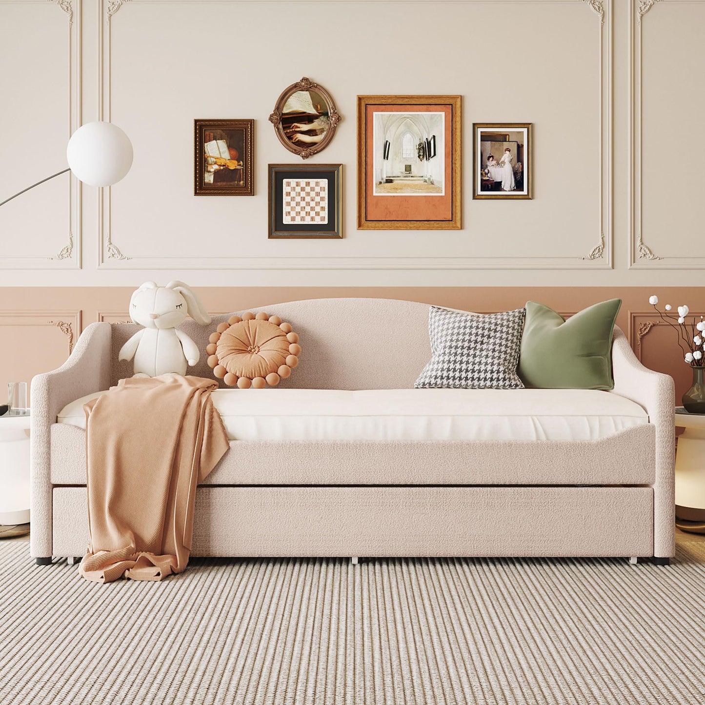 Merax Twin Size Upholstered Daybed with Light and Trundle, Beige Teddy Fleece Sofa Bed Modern Wooden Platform Bed Frame for Bedroom, Living Room, Guest Room, Apartment
