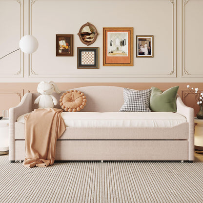 Merax Twin Size Upholstered Daybed with Light and Trundle, Beige Teddy Fleece Sofa Bed Modern Wooden Platform Bed Frame for Bedroom, Living Room, Guest Room, Apartment
