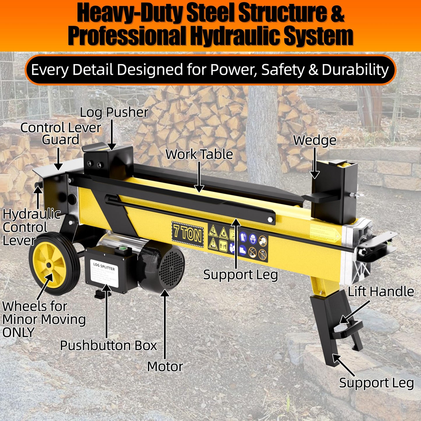 PPOLB 7 Ton Electric Wood Splitter, 15Amp Hydraulic Log Splitter with Detachable Cross Blade Cutting Head, Portable Firewood Splitter, Compact Horizontal Design for Backyard, Garage, Cabin - Yellow