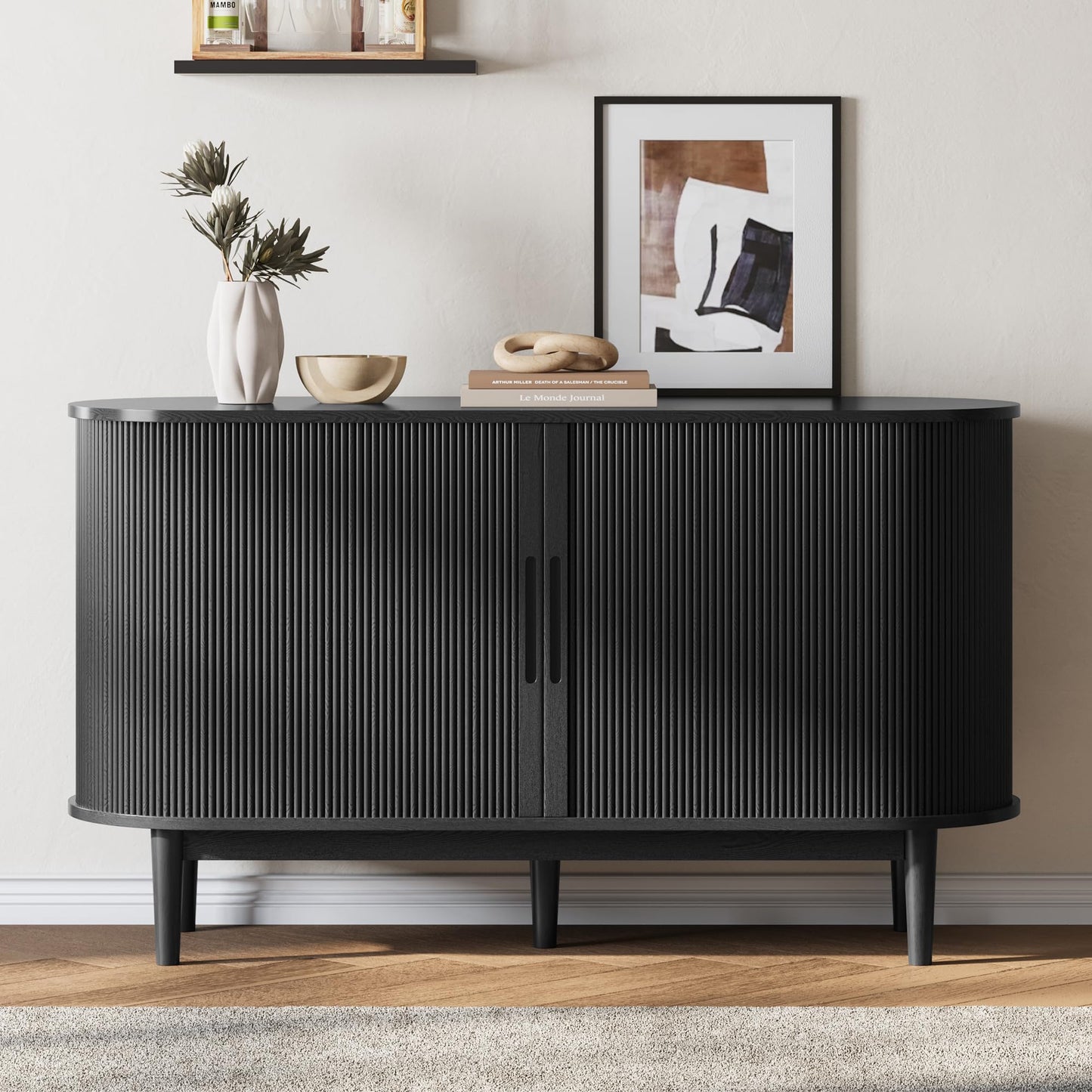 LINSY HOME Sideboard Buffet Cabinet with Storage, 55" Fluted Coffee Bar Cabinet with Tambour Sliding Doors and Drawer, Mid Century Modern Wood Storage Buffet Table for Kitchen (Black)