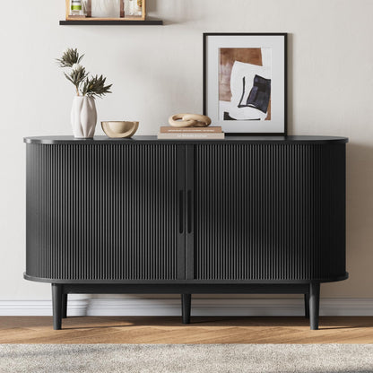 LINSY HOME Sideboard Buffet Cabinet with Storage, 55" Fluted Coffee Bar Cabinet with Tambour Sliding Doors and Drawer, Mid Century Modern Wood Storage Buffet Table for Kitchen (Black)