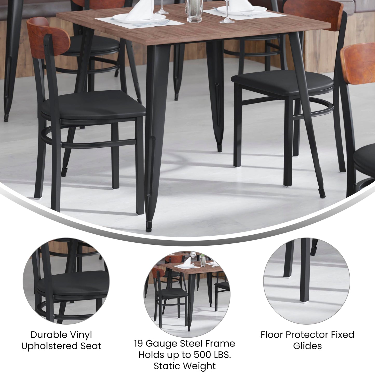 Flash Furniture Wright Set of 2 Commercial Dining Chairs - Walnut Wood Boomerang Back - Black Vinyl Seat - 500 LB. Capacity Black Steel Frame-Integrated Footrest