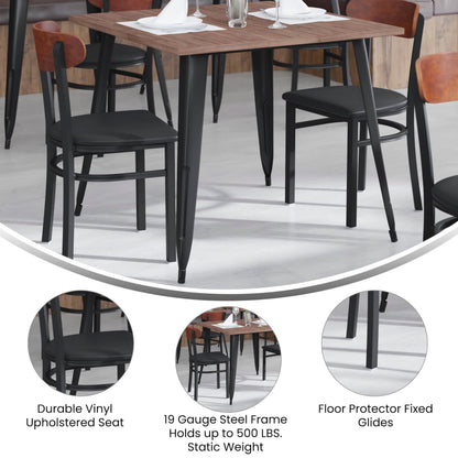 Flash Furniture Wright Set of 2 Commercial Dining Chairs - Walnut Wood Boomerang Back - Black Vinyl Seat - 500 LB. Capacity Black Steel Frame-Integrated Footrest