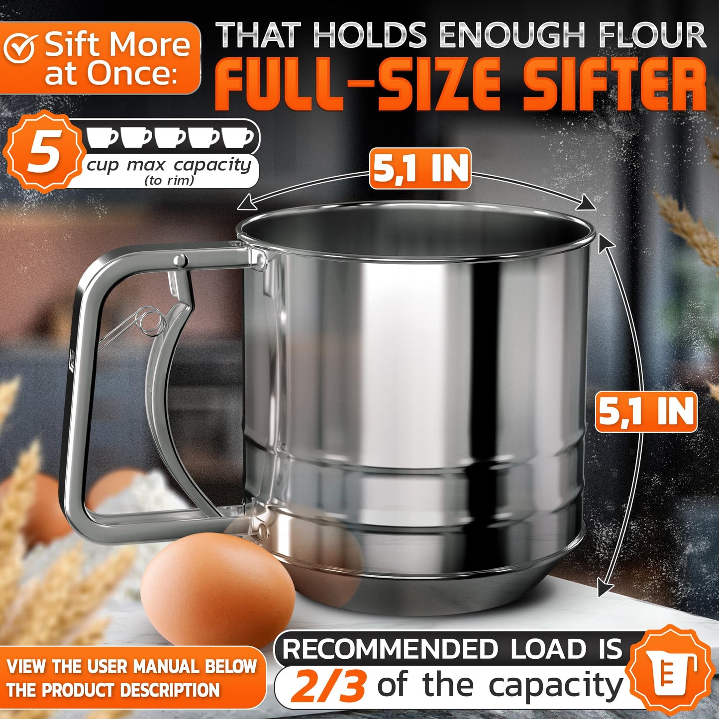 5 Cup Flour Sifter for Baking – Large Capacity Flour Sifter Stainless Steel with Double Mesh, Easy One-Hand Use & Dishwasher Safe – Baking Tools for Sifting Powdered Sugar, Cocoa & Cookies Decoration