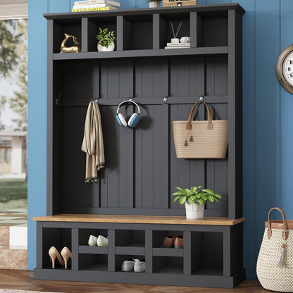 Merax Wood Farmhouse Hall Tree with Storage Entryway Bench, 3-in-1 Coat Racks with 6 Hooks &Shelves for Entrance, Hallway, Mudroom,Black