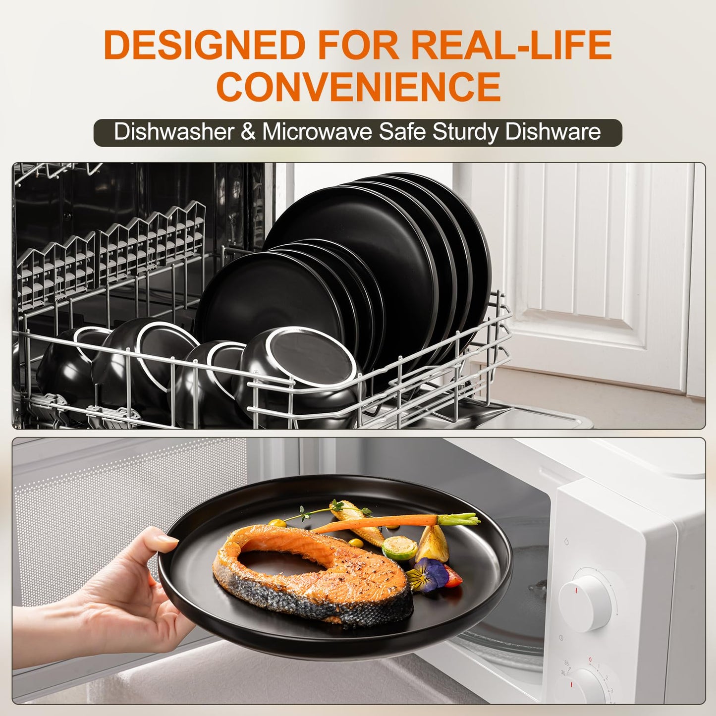 EWFEN Plates and Bowls Sets, 12 Pieces Ceramic Dinnerware Set for 4, Stoneware Dishware Dishes Set, Scratch Resistant Dishes Set, Dishwasher & Microwave Safe, Black