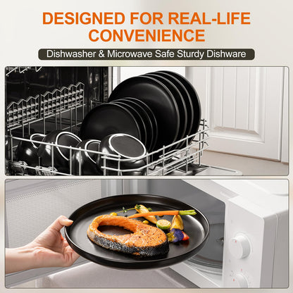 EWFEN Plates and Bowls Sets, 12 Pieces Ceramic Dinnerware Set for 4, Stoneware Dishware Dishes Set, Scratch Resistant Dishes Set, Dishwasher & Microwave Safe, Black
