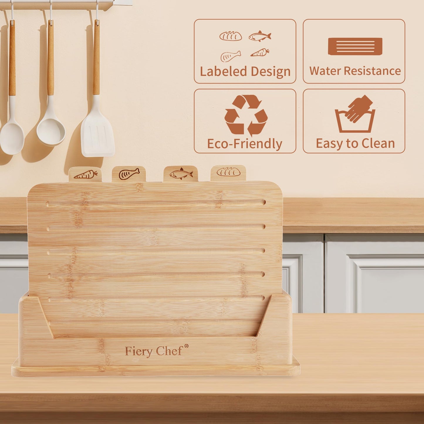 Fiery Chef 14.56"L x 11"W Bamboo Cutting Board Set of 4 - Wood Cutting Board Set with Holder, Chopping Boards Set with Food Icons, Juice Groove - Ideal for Meat, Fish, Bread, Vegetable, Fruit Chopping