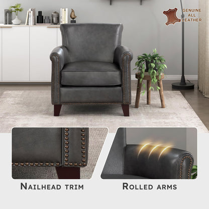 Lexicon 100% Top Grain Genuine Leather Chair, Leather Accent Chairs for Living Room, Solid Wood Frame, Rolled Armrest & Nailhead Trim, Comfy Reading for Bedroom, Office, Waiting Room, Classic Gray
