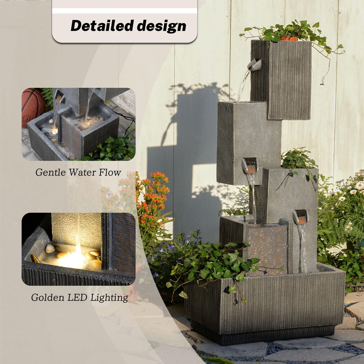 GardesT Outdoor Waterfall Fountain with LED Lights – 41.3" Tiered Resin Garden Fountain for Patio, Yard, or Backyard – Weather-Resistant Design Modern Decor