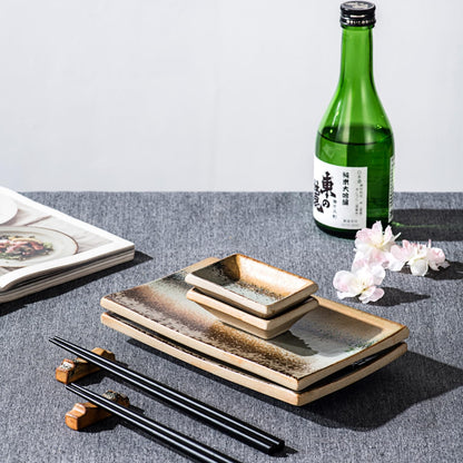 UNICASA Ceramic Sushi Plate Set 8 Piece, Japanese Style Sushi Serving Set for 2, Dishwasher & Microwave Safe, Include Sushi Plates, Sauce Dishes, Chopsticks & Holders, Light Brown
