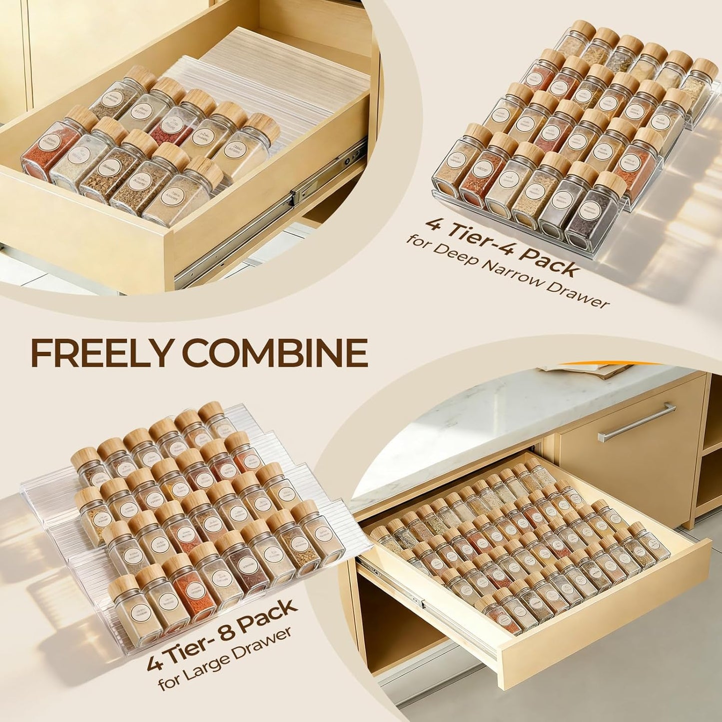 4 Tier(4 Packs), 11" 22" Acrylic Spice Drawer Organizer Expandable from to Seasoning Organizer Tray for Kitchen - Clear